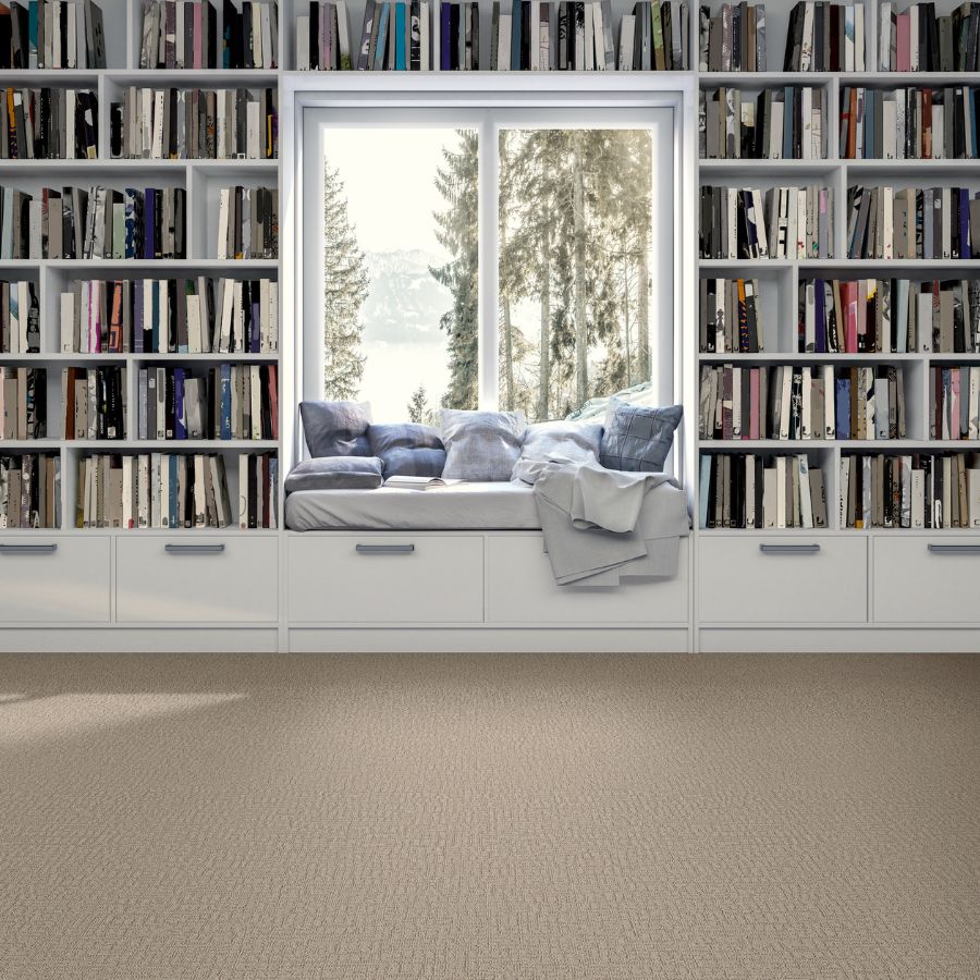 carpet in living space, books on shelves, window